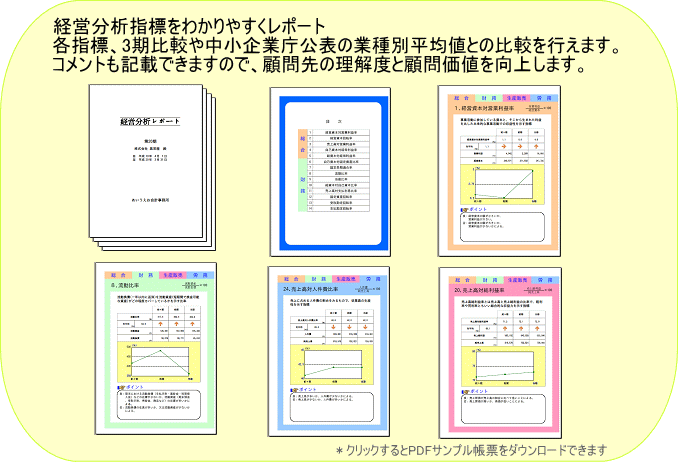 経営分析指標をわかりやすくレポートする、会計事務所次世代システムSystem-V財務会計Pro「経営分析レポート」。各指標、３期比較や中小企業庁公表の業種別平均値との比較を行えます。オリジナルのコメントも記載できますので、顧問先の理解度と顧問価値を向上します。